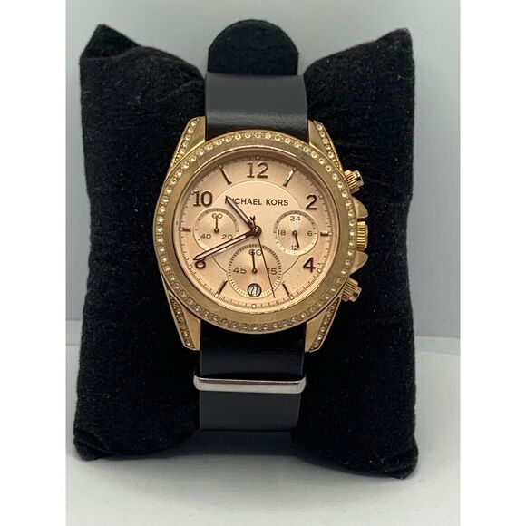 Michael Kors MK5859 Women Black Leather Analog Rose Gold Dial Quartz Watch JD246 - Picture 1 of 11